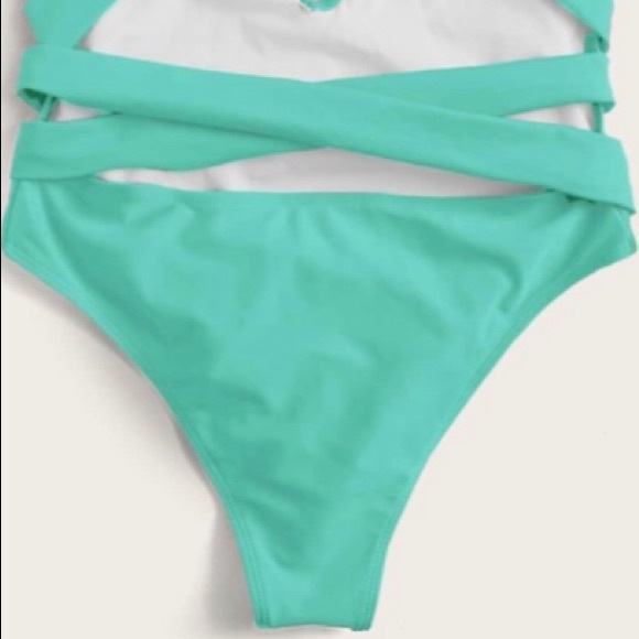 Mint Green Lined Deep V Criss Cross One Piece Swimsuit New - Picture 4 of 16